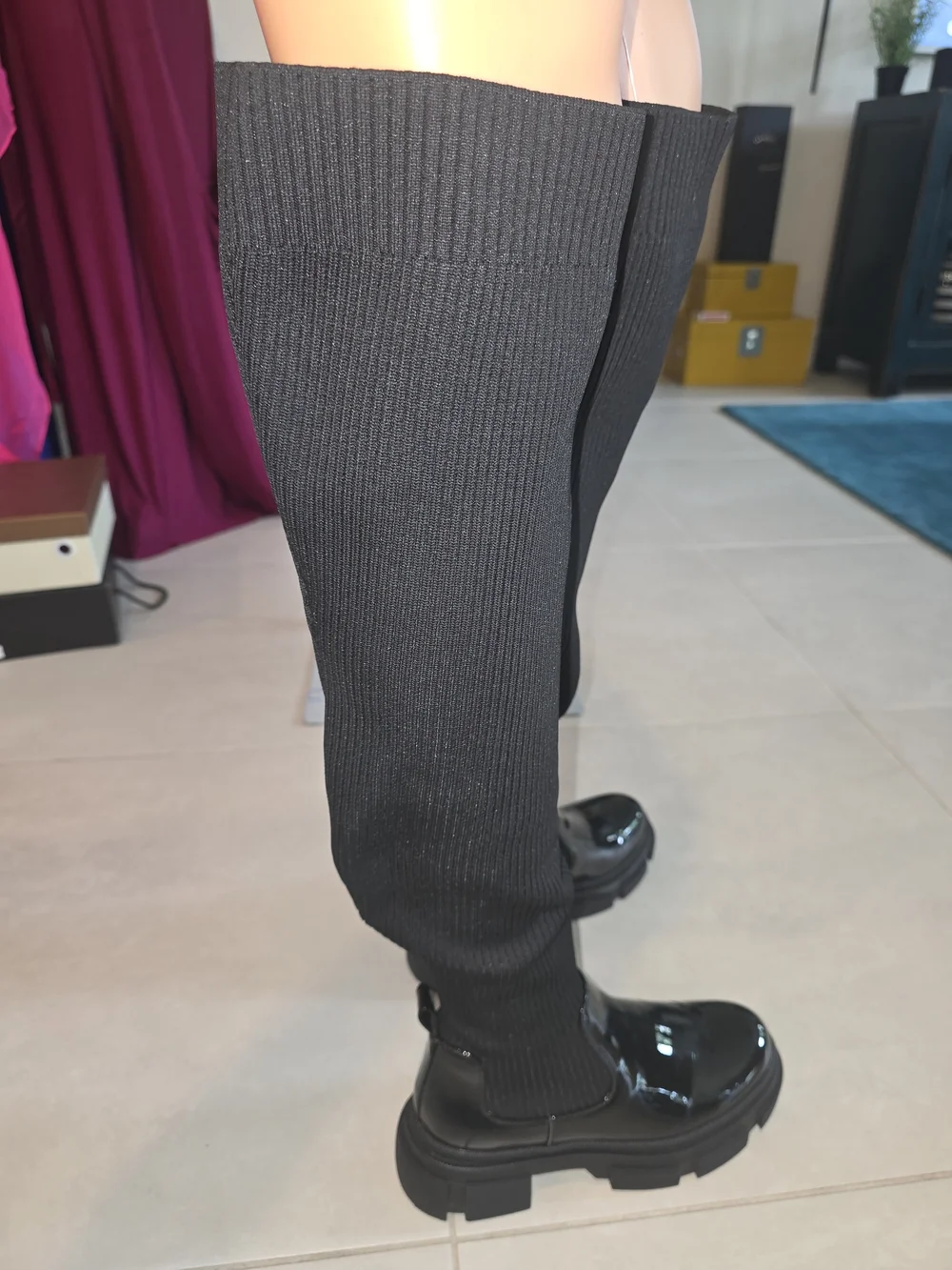 Black Over-the-Knee Ribbed Sock Boots